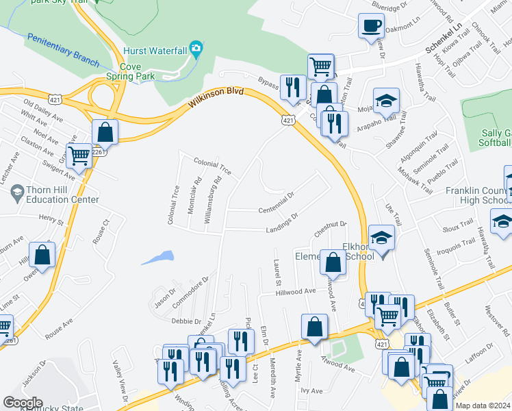 map of restaurants, bars, coffee shops, grocery stores, and more near 172 170 168 166 Centennial Drive in Frankfort