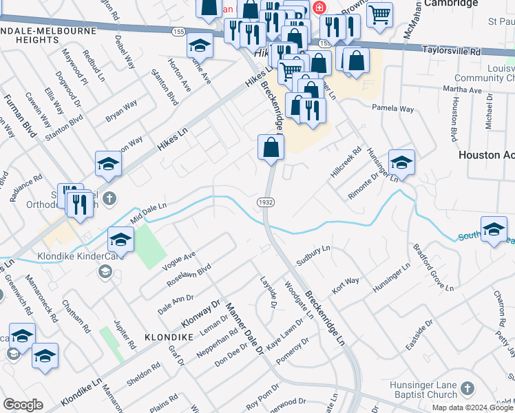 map of restaurants, bars, coffee shops, grocery stores, and more near 3116 Breckenridge Lane in Louisville