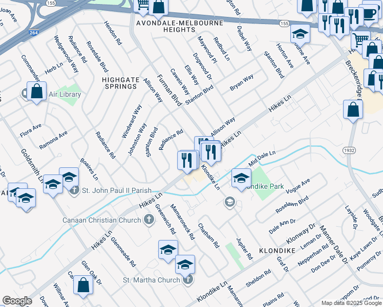 map of restaurants, bars, coffee shops, grocery stores, and more near 2925 Hikes Lane in Louisville