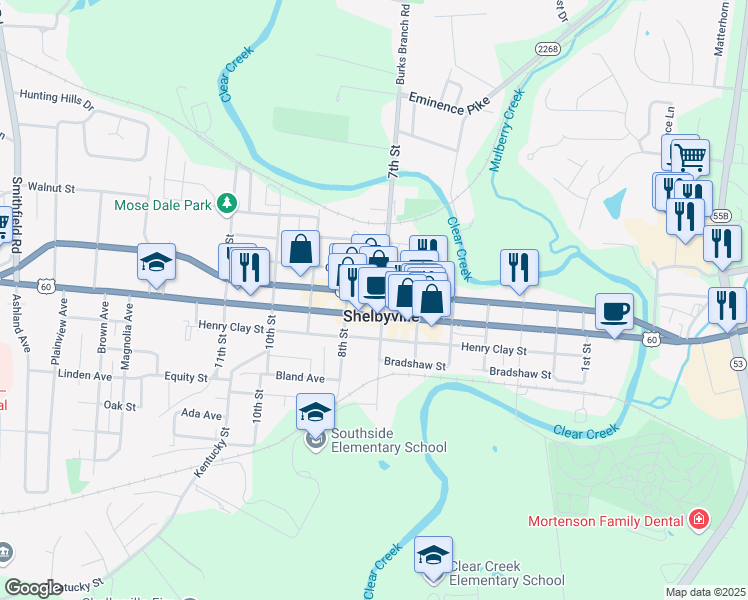 map of restaurants, bars, coffee shops, grocery stores, and more near 712 Washington Street in Shelbyville