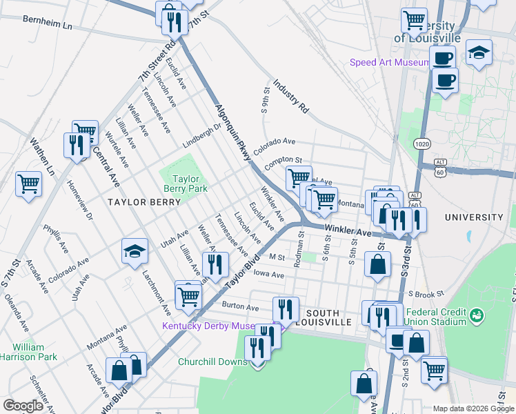map of restaurants, bars, coffee shops, grocery stores, and more near 1003 Lincoln Avenue in Louisville