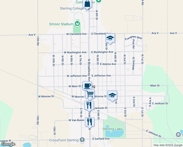 map of restaurants, bars, coffee shops, grocery stores, and more near 118 North Broadway Avenue in Sterling