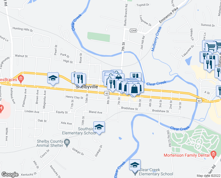 map of restaurants, bars, coffee shops, grocery stores, and more near 407 8th Street in Shelbyville