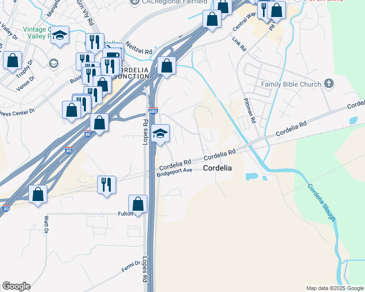map of restaurants, bars, coffee shops, grocery stores, and more near 3599 Ritchie Road in Fairfield
