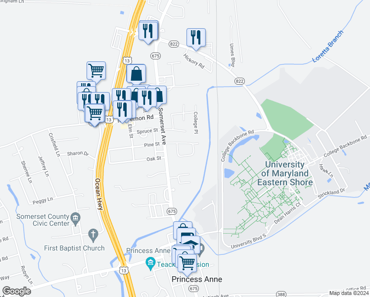 map of restaurants, bars, coffee shops, grocery stores, and more near 12066 College Place in Princess Anne