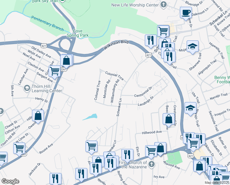 map of restaurants, bars, coffee shops, grocery stores, and more near 553 Williamsburg Road in Frankfort