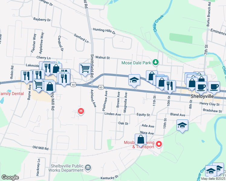 map of restaurants, bars, coffee shops, grocery stores, and more near 1307 Main Street in Shelbyville