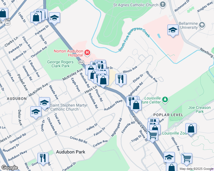 map of restaurants, bars, coffee shops, grocery stores, and more near 3021 Poplar Level Road in Louisville