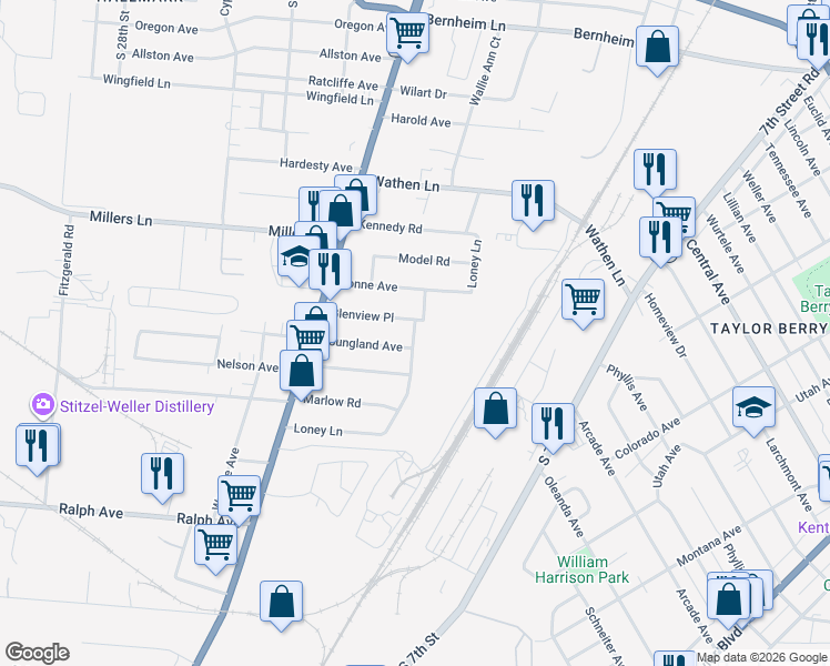 map of restaurants, bars, coffee shops, grocery stores, and more near 1566 Loney Lane in Louisville