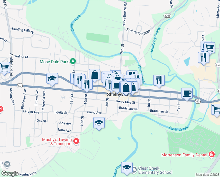 map of restaurants, bars, coffee shops, grocery stores, and more near 713 Washington Street in Shelbyville
