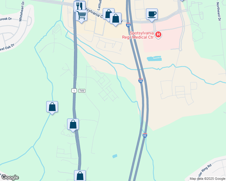 map of restaurants, bars, coffee shops, grocery stores, and more near Bigleaf Road in Spotsylvania County