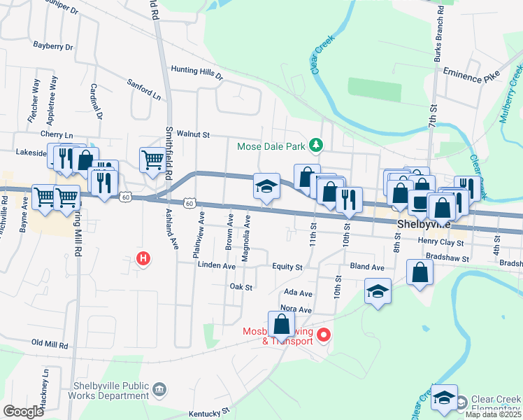 map of restaurants, bars, coffee shops, grocery stores, and more near 101 Alton Road in Shelbyville