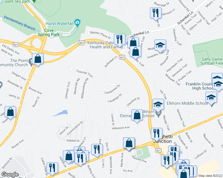 map of restaurants, bars, coffee shops, grocery stores, and more near 165 Centennial Drive in Frankfort