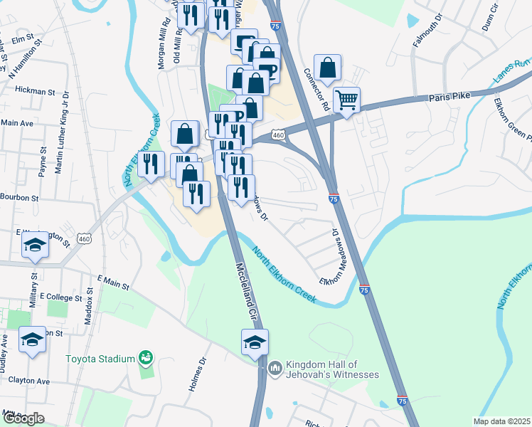 map of restaurants, bars, coffee shops, grocery stores, and more near 159 Elkhorn Meadows Drive in Georgetown