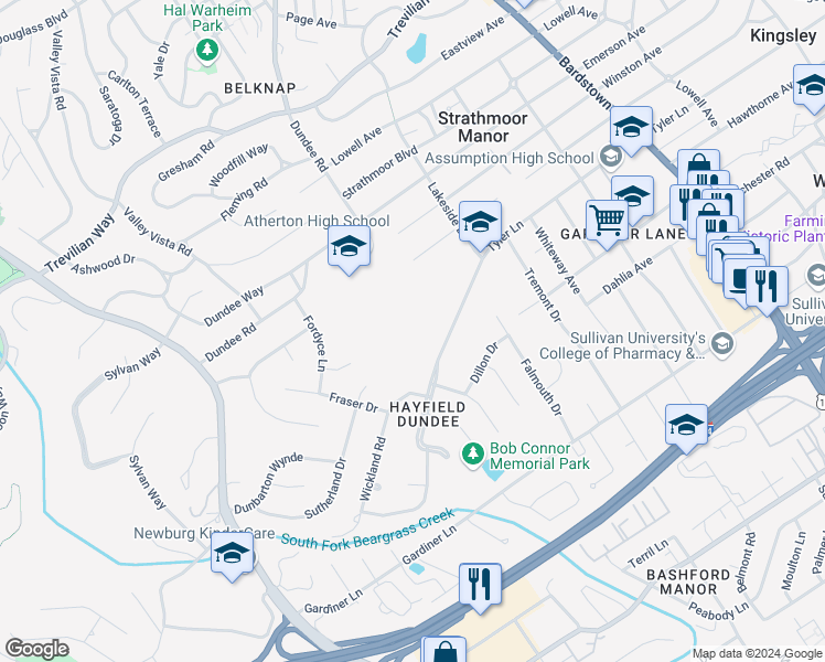 map of restaurants, bars, coffee shops, grocery stores, and more near 1900 Gladstone Ave in Louisville