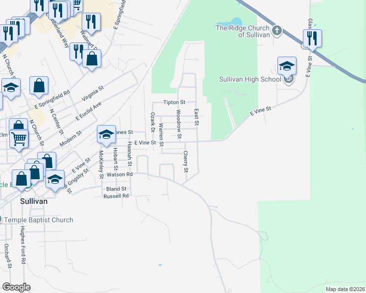 map of restaurants, bars, coffee shops, grocery stores, and more near 703 East Vine Street in Sullivan