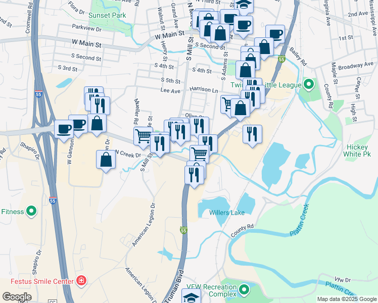 map of restaurants, bars, coffee shops, grocery stores, and more near 312 Festus Centre Drive in Festus