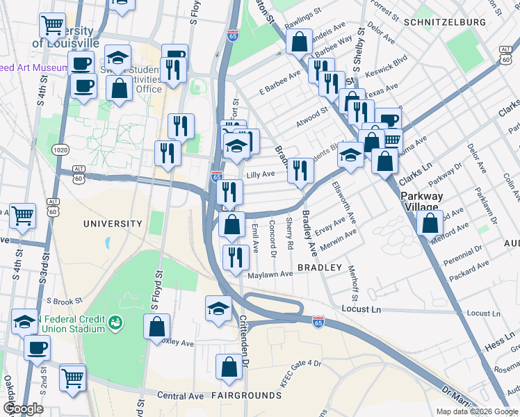 map of restaurants, bars, coffee shops, grocery stores, and more near 531 Eastern Parkway in Louisville