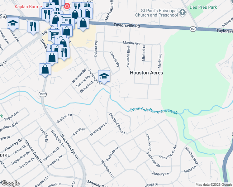 map of restaurants, bars, coffee shops, grocery stores, and more near 7800 Hunsinger Gardens Lane in Louisville