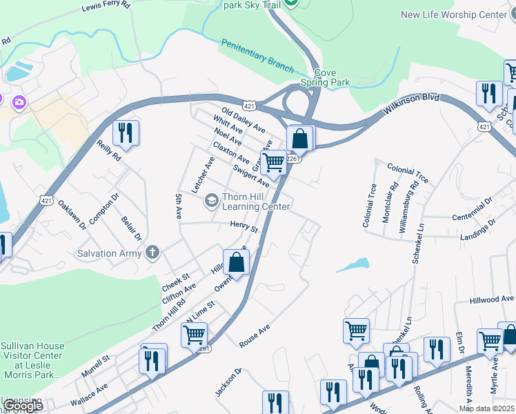 map of restaurants, bars, coffee shops, grocery stores, and more near 200 Alexander Street in Frankfort