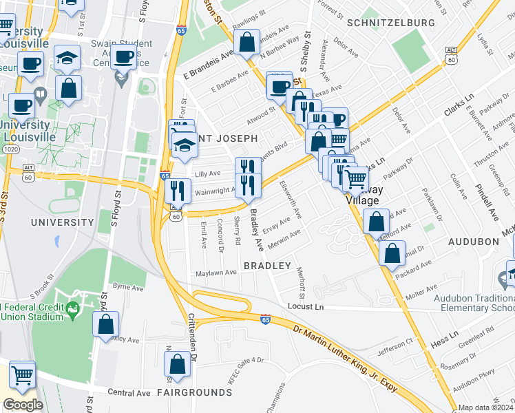 map of restaurants, bars, coffee shops, grocery stores, and more near in Louisville