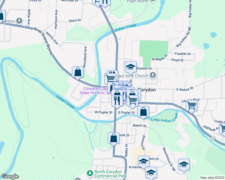 map of restaurants, bars, coffee shops, grocery stores, and more near 118-120 W Walnut St in Corydon