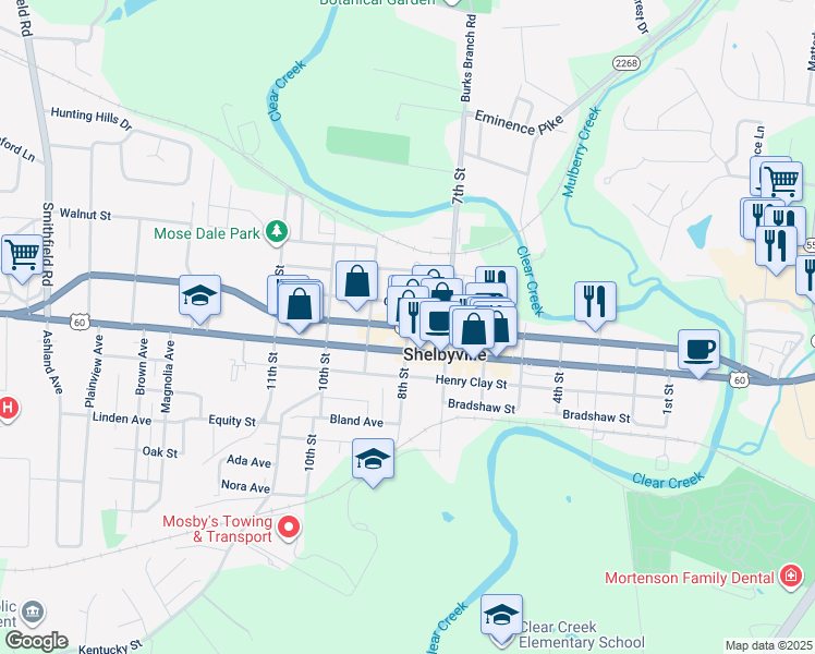 map of restaurants, bars, coffee shops, grocery stores, and more near 818 College Street in Shelbyville