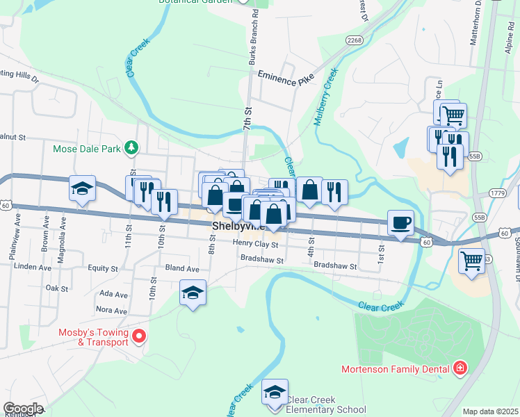 map of restaurants, bars, coffee shops, grocery stores, and more near 607 Washington Street in Shelbyville
