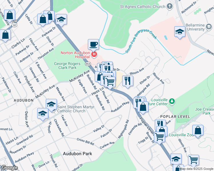 map of restaurants, bars, coffee shops, grocery stores, and more near 3021 Poplar Level Road in Louisville