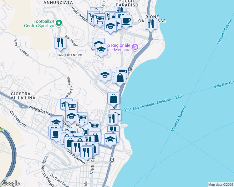map of restaurants, bars, coffee shops, grocery stores, and more near 12 Via Brasile in Messina
