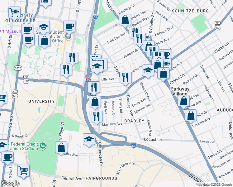 map of restaurants, bars, coffee shops, grocery stores, and more near 542 Wainwright Avenue in Louisville