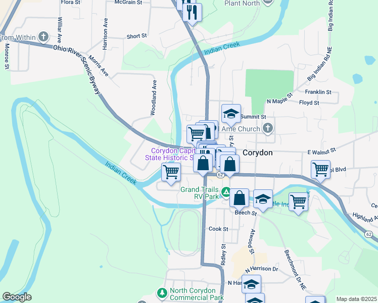 map of restaurants, bars, coffee shops, grocery stores, and more near 207 West Walnut Street in Corydon