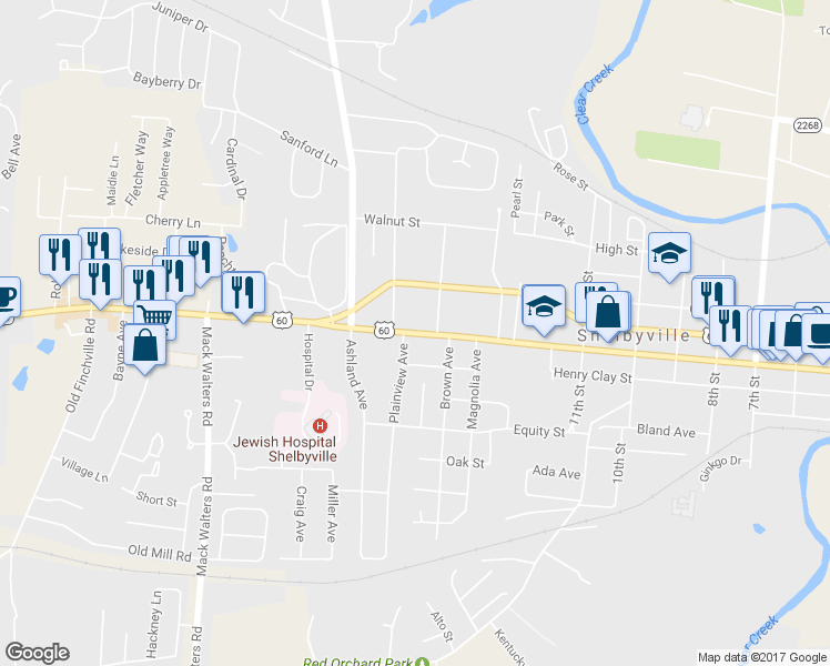 map of restaurants, bars, coffee shops, grocery stores, and more near 1307 Main Street in Shelbyville