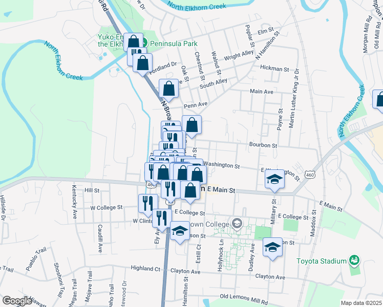 map of restaurants, bars, coffee shops, grocery stores, and more near 219 North Hamilton Street in Georgetown