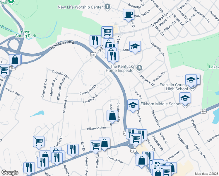 map of restaurants, bars, coffee shops, grocery stores, and more near 241 Landings Drive in Frankfort