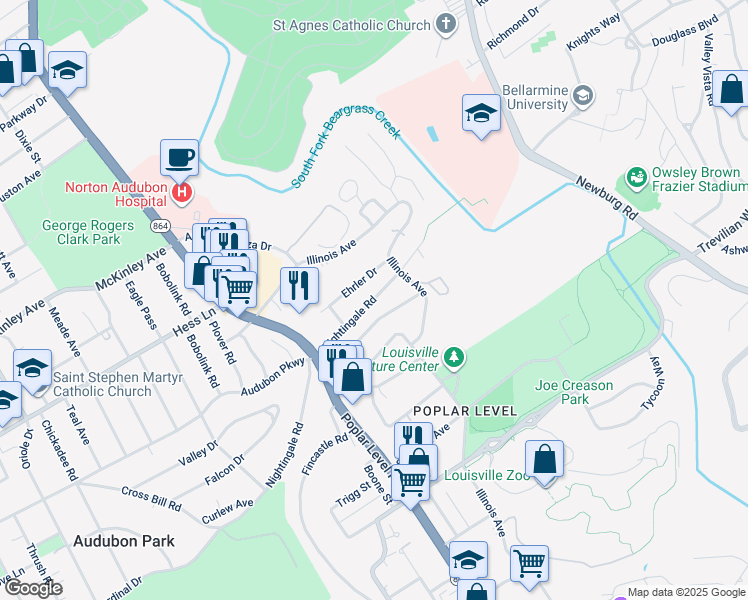 map of restaurants, bars, coffee shops, grocery stores, and more near 1625 Nightingale Road in Louisville
