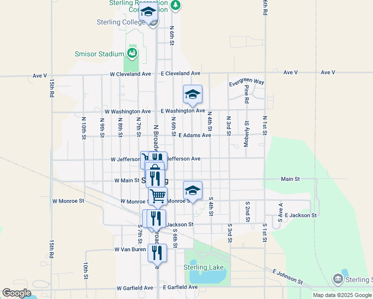 map of restaurants, bars, coffee shops, grocery stores, and more near 222 North 6th Street in Sterling