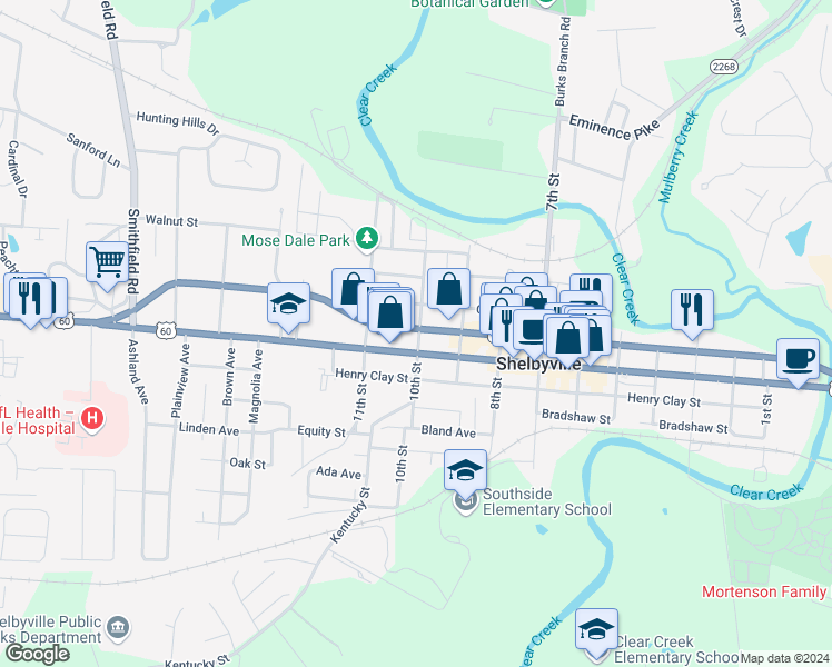 map of restaurants, bars, coffee shops, grocery stores, and more near 404 10th Street in Shelbyville