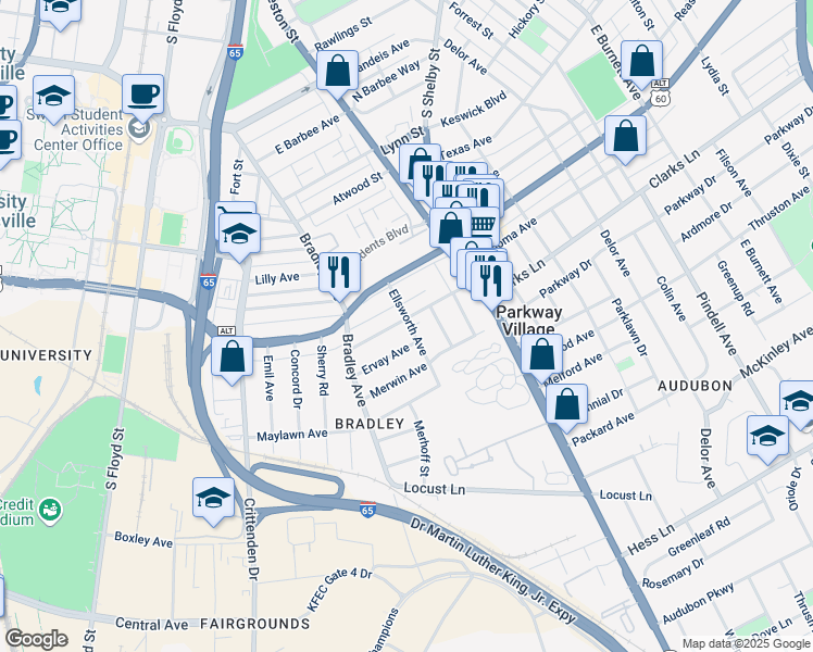 map of restaurants, bars, coffee shops, grocery stores, and more near 640 Harrison Avenue in Louisville