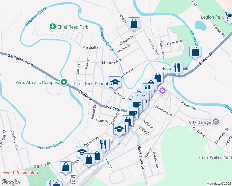 map of restaurants, bars, coffee shops, grocery stores, and more near 301 West 7th Street in Paris