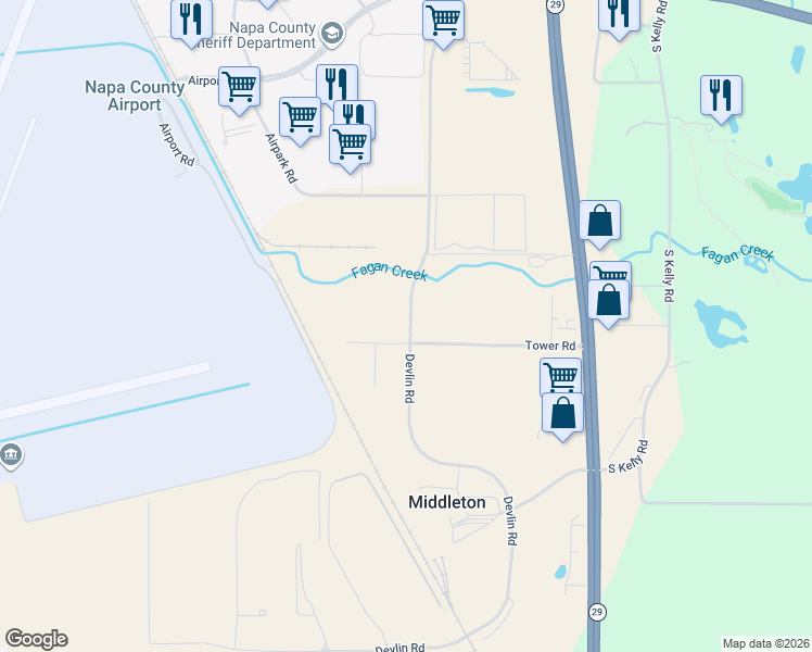 map of restaurants, bars, coffee shops, grocery stores, and more near 450 Tower Road in American Canyon