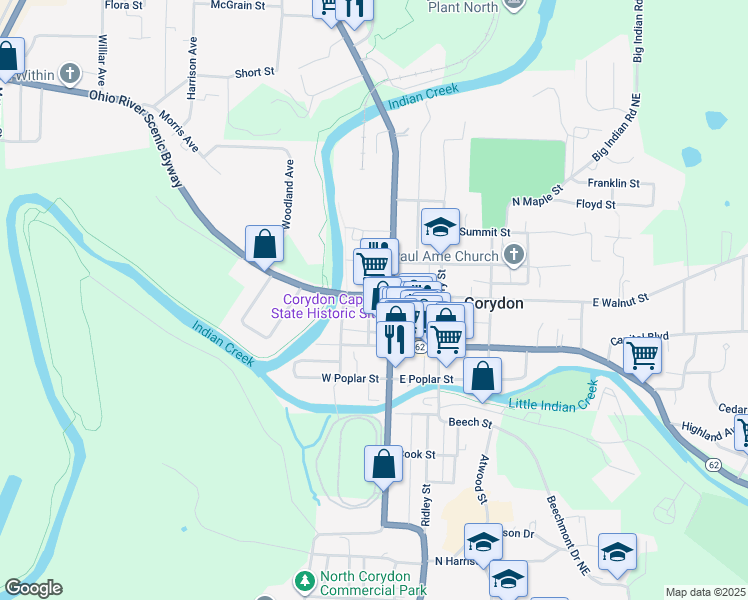 map of restaurants, bars, coffee shops, grocery stores, and more near 118 West Walnut Street in Corydon