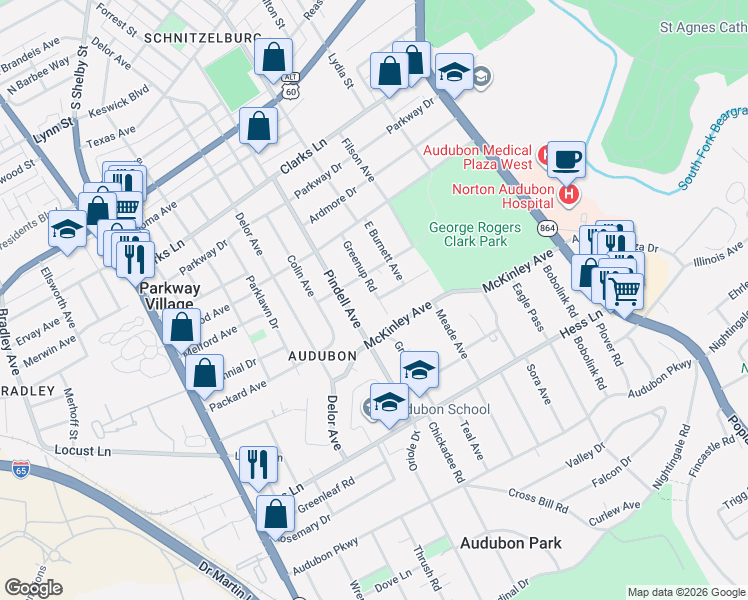 map of restaurants, bars, coffee shops, grocery stores, and more near 2613 Greenup Road in Louisville
