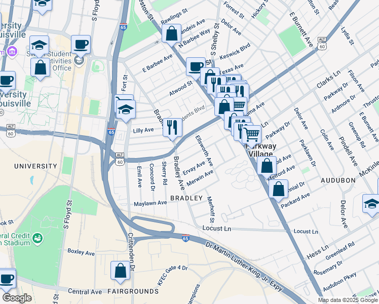 map of restaurants, bars, coffee shops, grocery stores, and more near 610 Eastern Parkway in Louisville