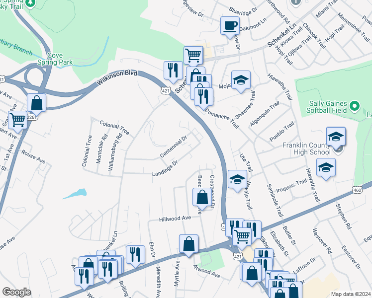 map of restaurants, bars, coffee shops, grocery stores, and more near 241 Landings Drive in Frankfort