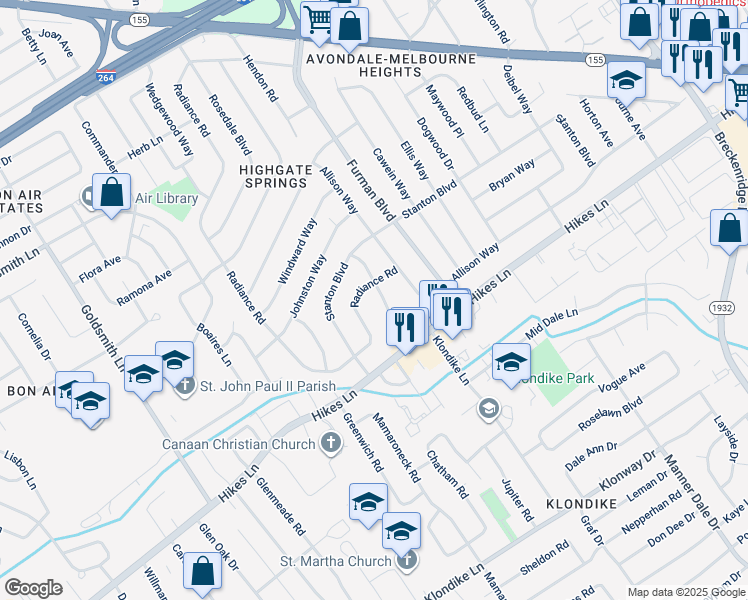 map of restaurants, bars, coffee shops, grocery stores, and more near 3315 Noe Way in Louisville