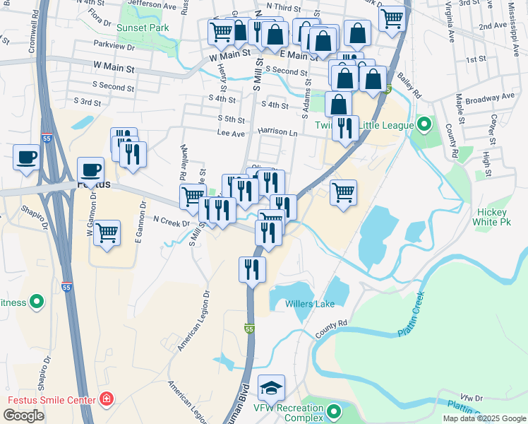 map of restaurants, bars, coffee shops, grocery stores, and more near 312 Festus Centre Drive in Festus