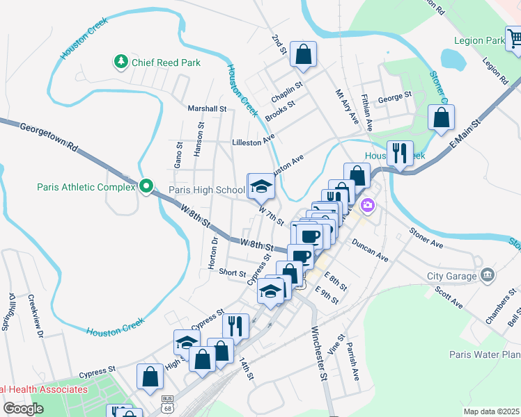 map of restaurants, bars, coffee shops, grocery stores, and more near 304 West 7th Street in Paris