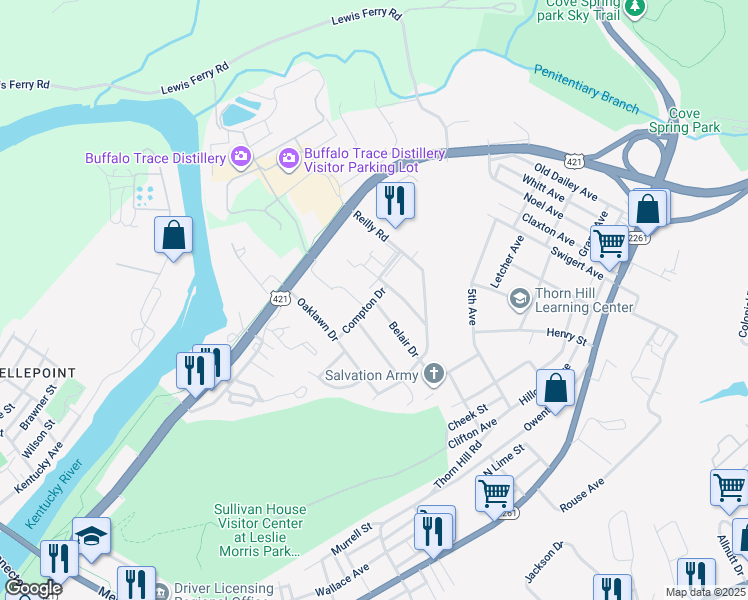 map of restaurants, bars, coffee shops, grocery stores, and more near 100 Belair Drive in Frankfort