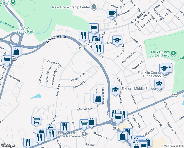 map of restaurants, bars, coffee shops, grocery stores, and more near 241 Landings Drive in Frankfort